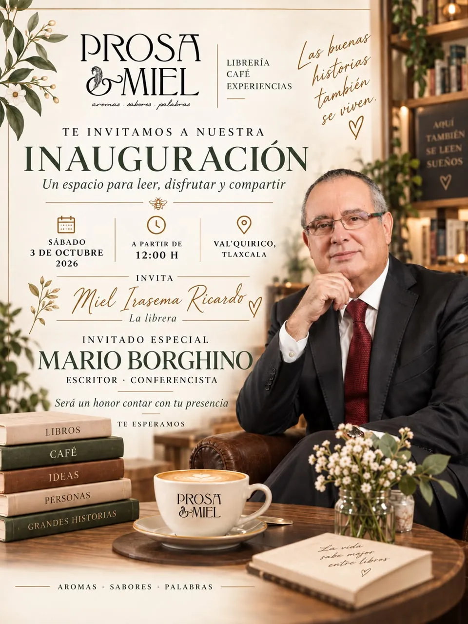 Invitación impresa a la inauguración de Prosa & Miel el sábado 3 de octubre de 2026 a partir de las 12:00 h en Val'Quirico, Tlaxcala, con Mario Borghino como invitado especial.